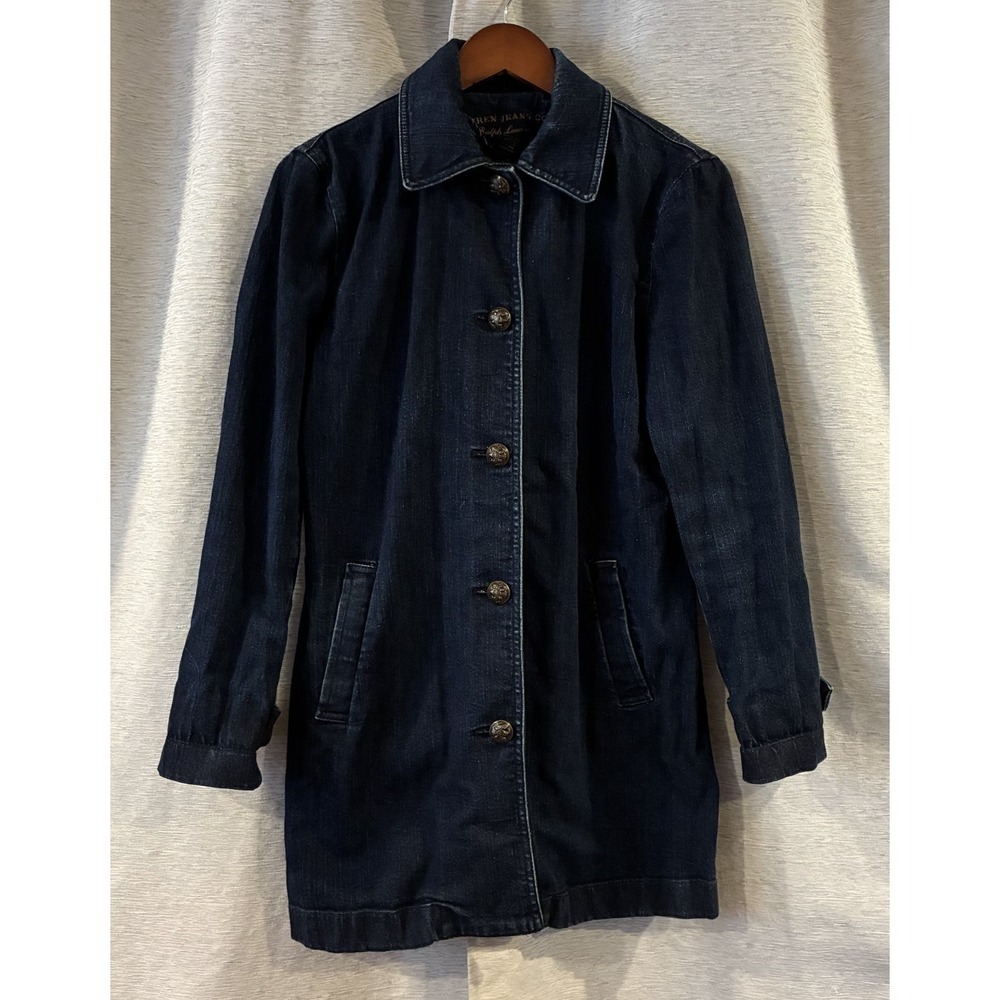 Vintage Lauren Jeans Co Women's Button Up Denim Jacket Size Small Dark Wash Long